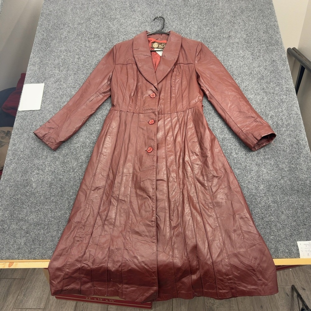 Vintage Cosa Nova Leather Coat Womens 12 Burgundy Genuine Leather Long Retro 70s